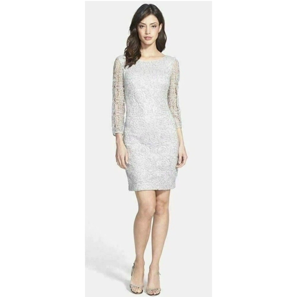 Adrianna Papell Dress Sequin Metallic Icy Lace Overlay Wedding Guest Size 10